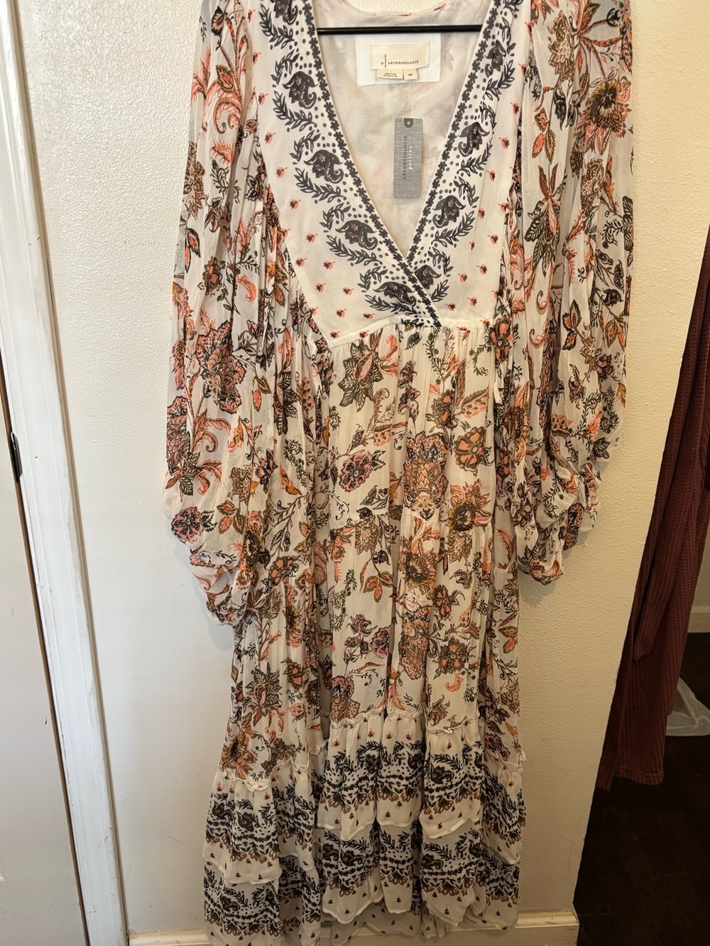 Anthropologie Cream Maxi Dress with Rust & Black Floral Motif